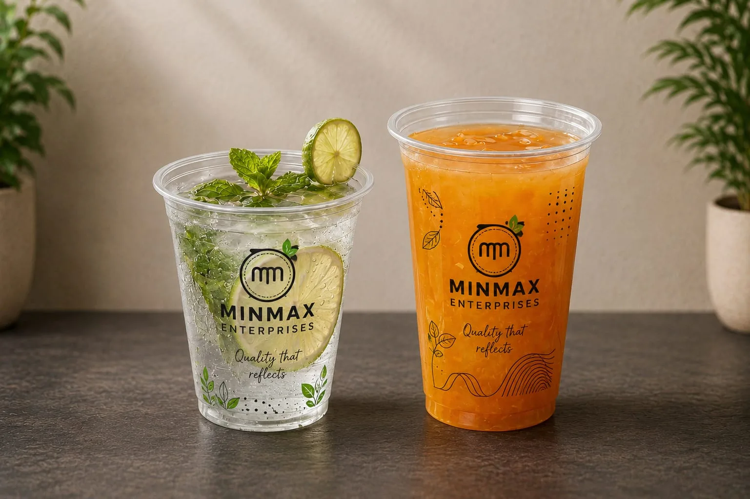 PET Cup, codes 1128 and 1129, printed, holding a mojito and a juice