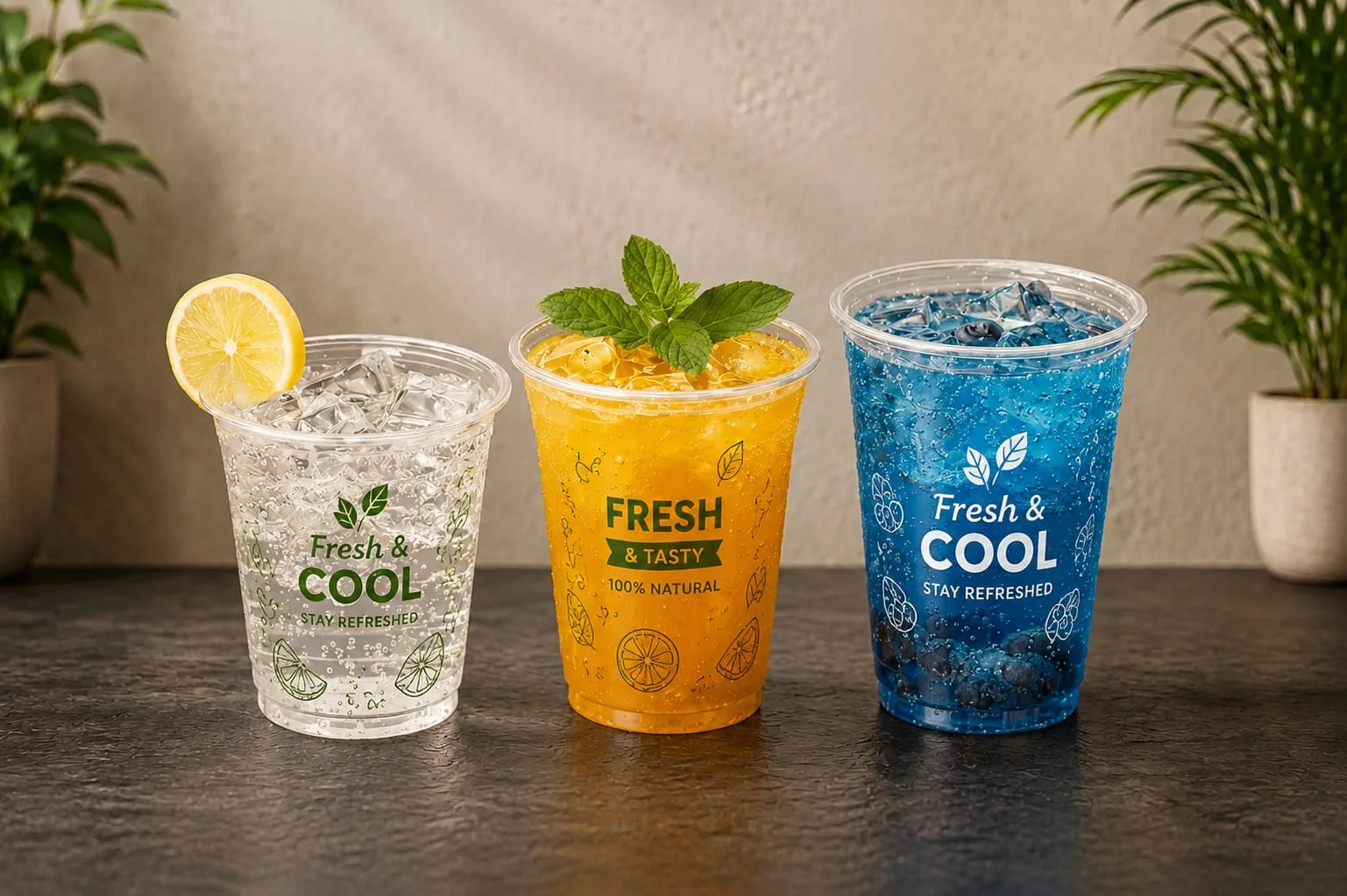 PET Cup, codes 1130, 1131 and 1132, printed, holding cold drinks