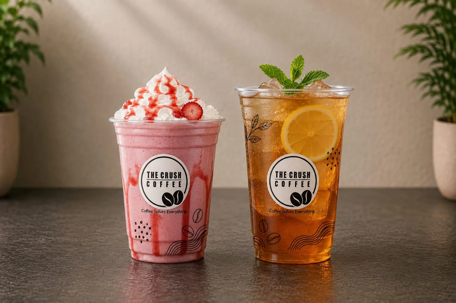 PET Cup, codes 1133 and 1134, printed, holding a shake and iced tea