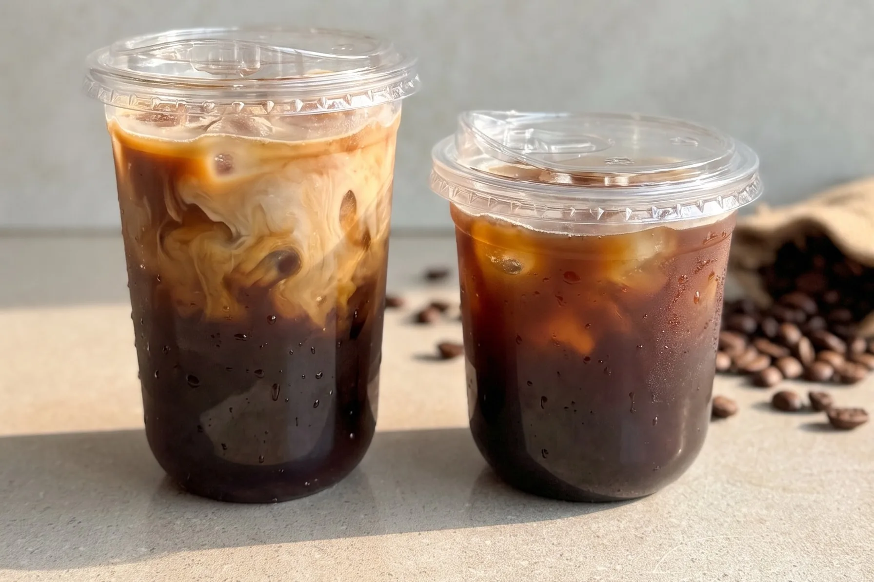 PET U-Shape Cups, codes 1142 and 1144, with sipper lids, holding iced coffee