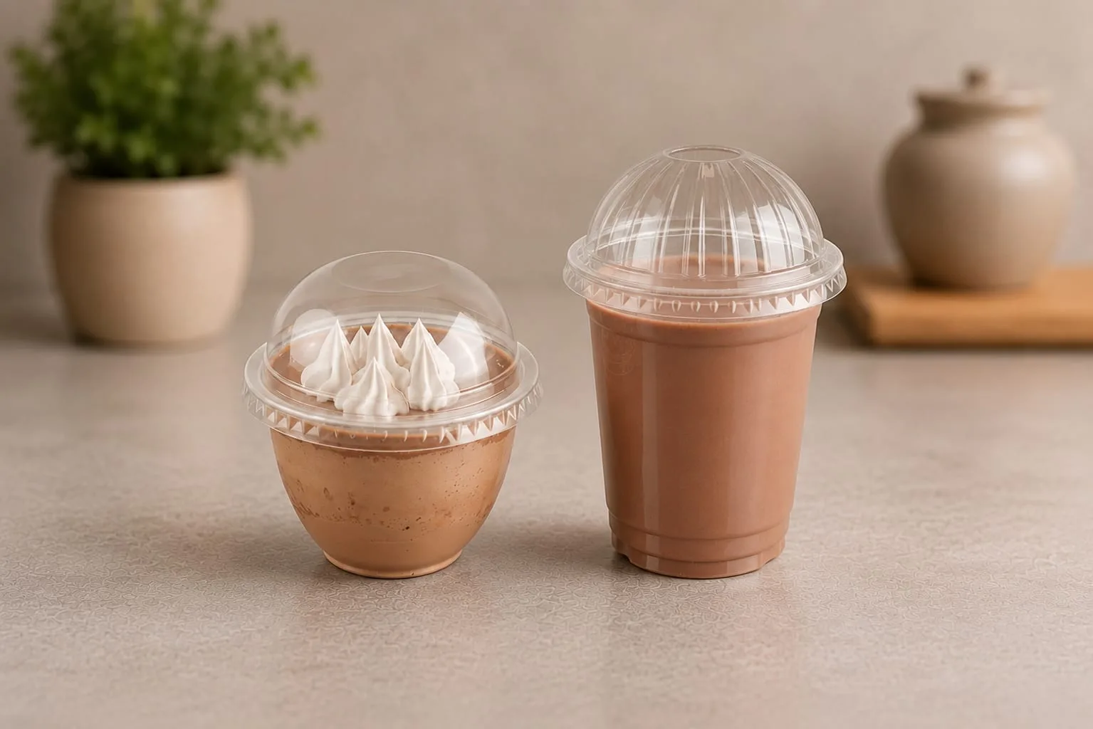 PET and PS Ribbed Dome Lid and Dome Lid, codes 1008, 1216, 1226, 1234 and 1236, on cups of a dessert and a chocolate shake