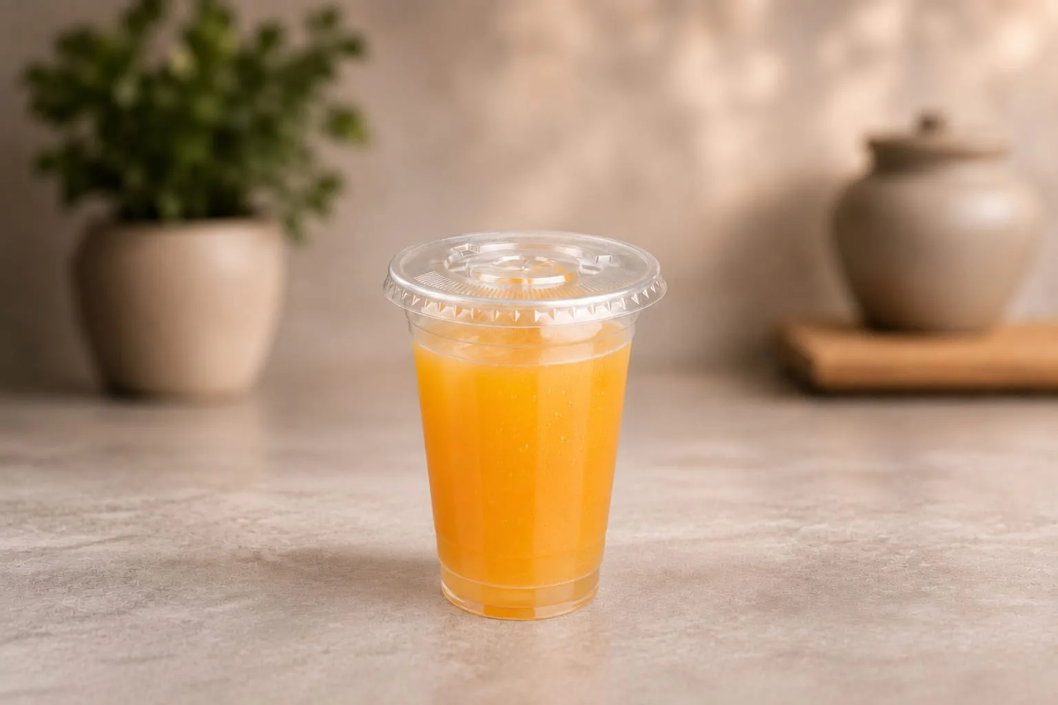 PET and PS Flat Lid, codes 1007, 1215, 1225 and 1230, on a cup of orange juice