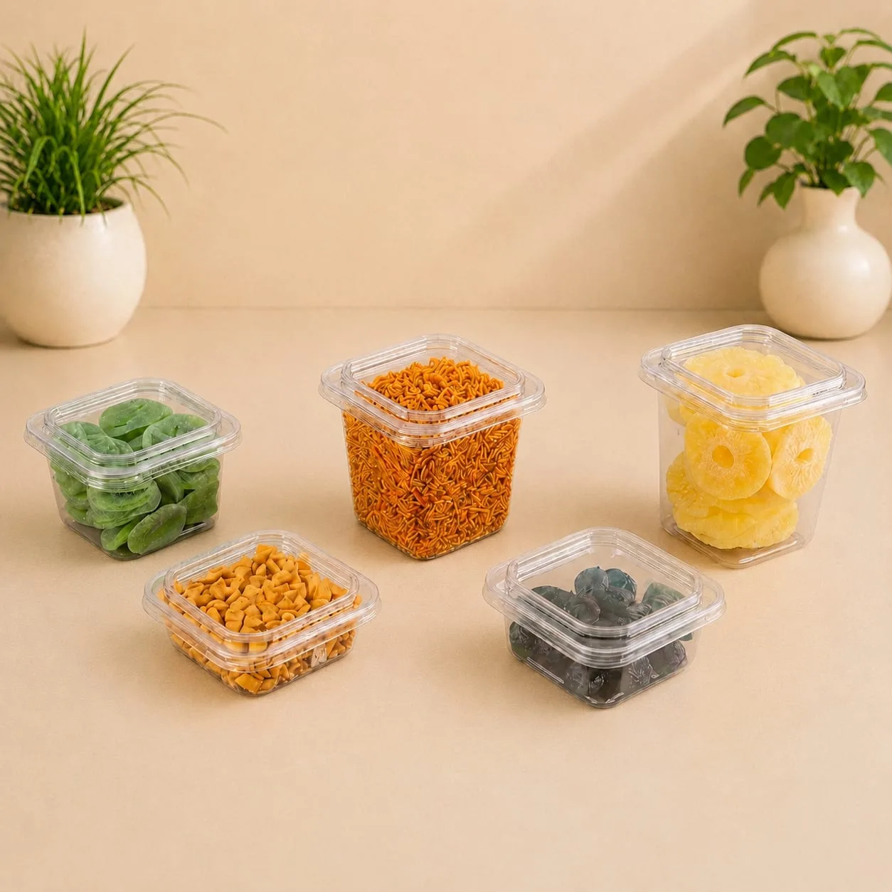 PET Square Container, codes 1316, 1317, 1318, 1319 and 1320, holding namkeen, chips and dry fruits