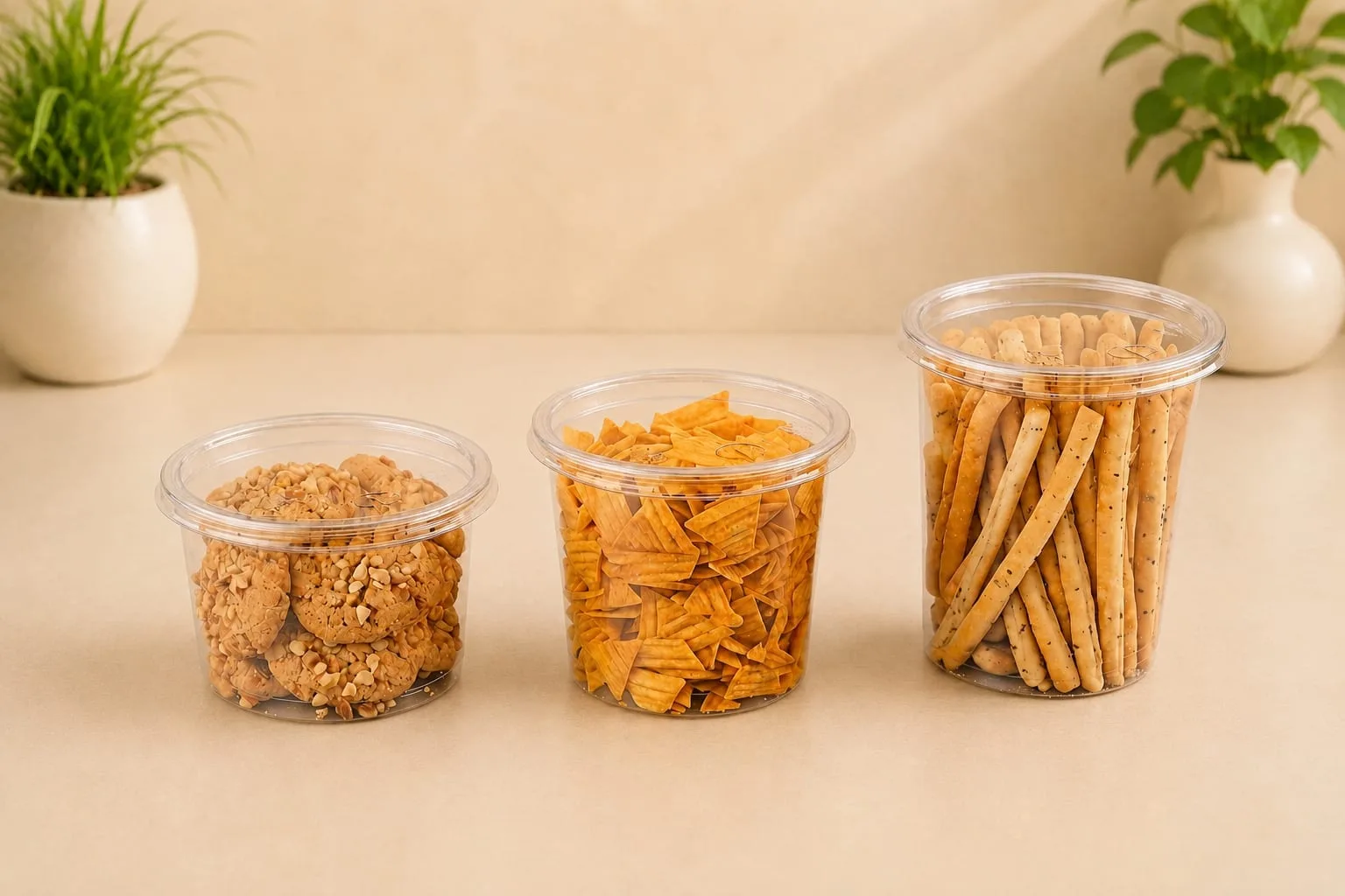 PET Container, codes 1351, 1352, 1353, 1354, 1355, 1356 and 1357, holding cookies, chips and breadsticks