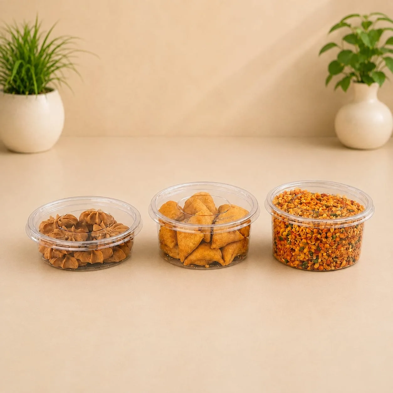 PET Round Container, codes 1358, 1359 and 1360, holding cookies and namkeen