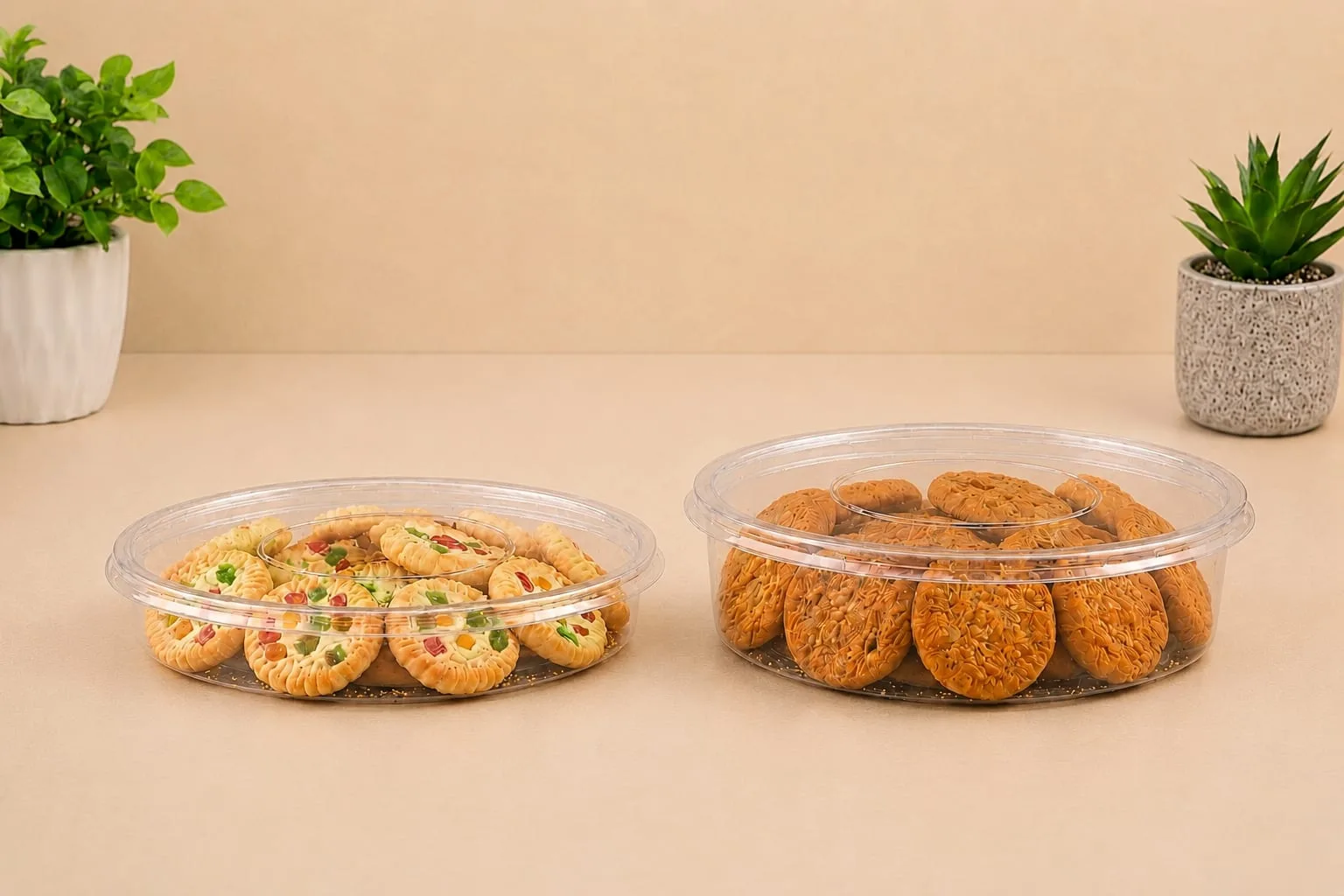 PET Round Container, codes 1380 and 1381, holding cookies