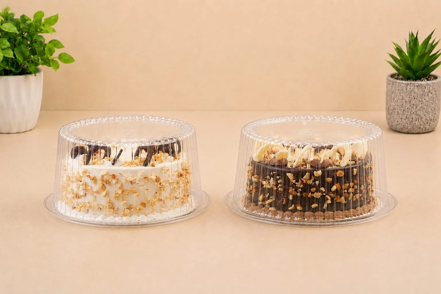 PET Cake Box, codes 1383, 1384 and 1385, holding a vanilla cake and a chocolate cake