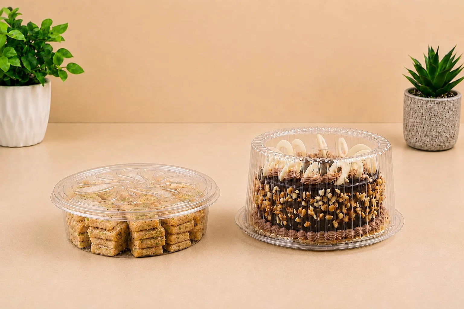 PET Cake Box, codes 1391 and 1393, holding sweets and a chocolate cake