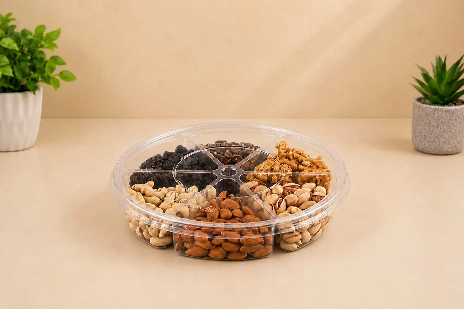 PET 6 Compartment Dry Fruits Box, code 1395, holding assorted dry fruits