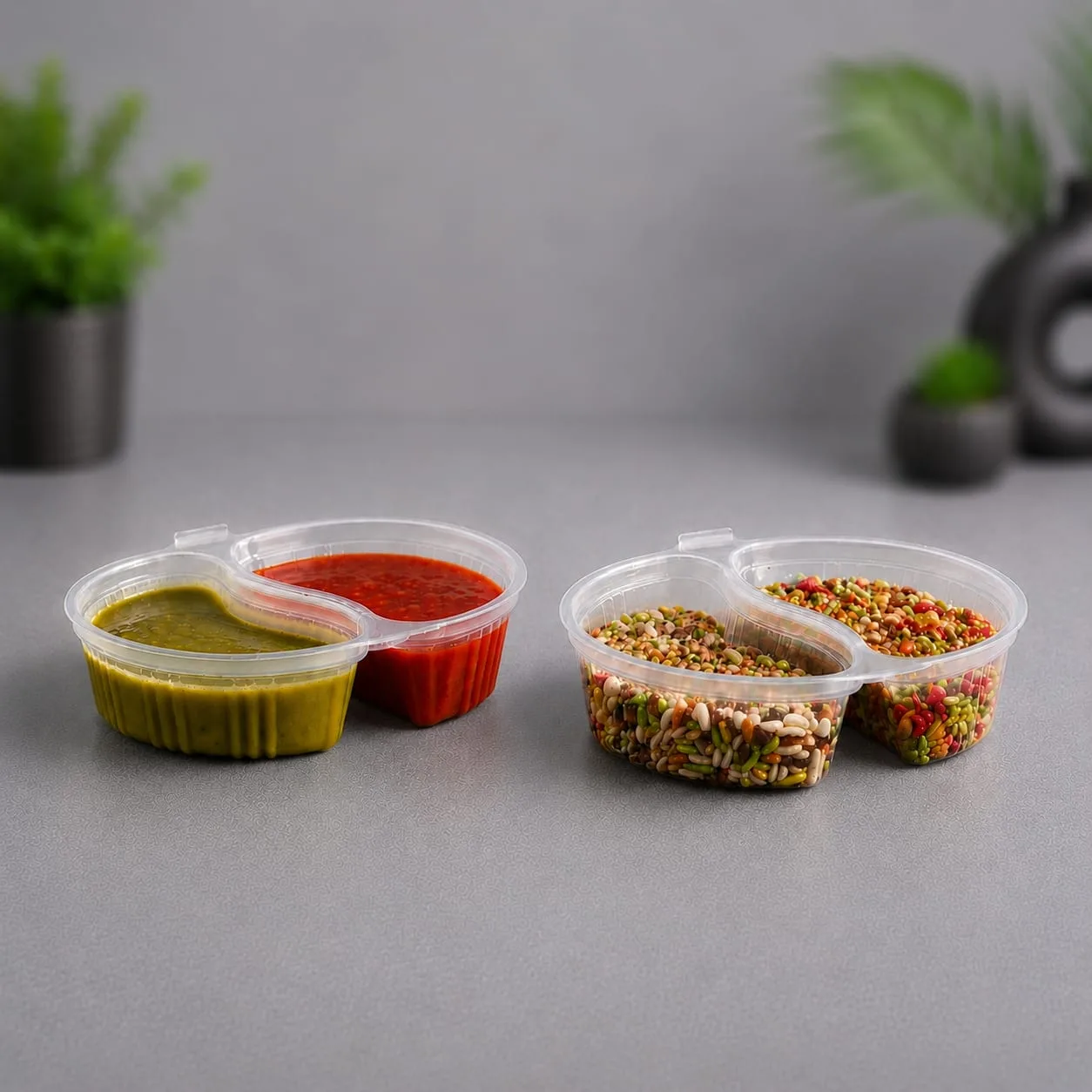 PET 2 Compartment Hinged Sauce Cup, code 1405, holding chutneys and mukhwas