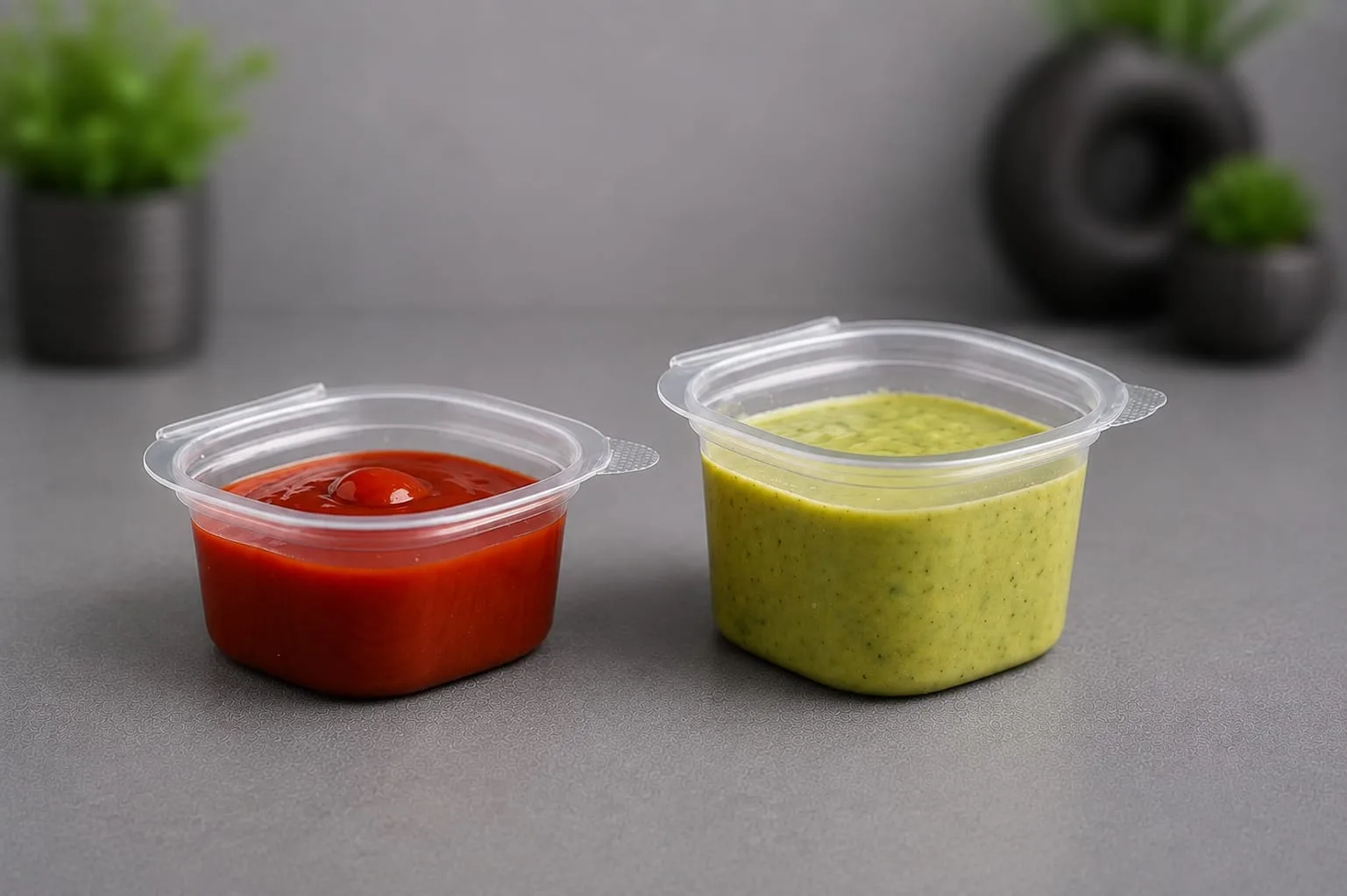 PET Square Sauce Container, codes 1406 and 1407, holding ketchup and green chutney