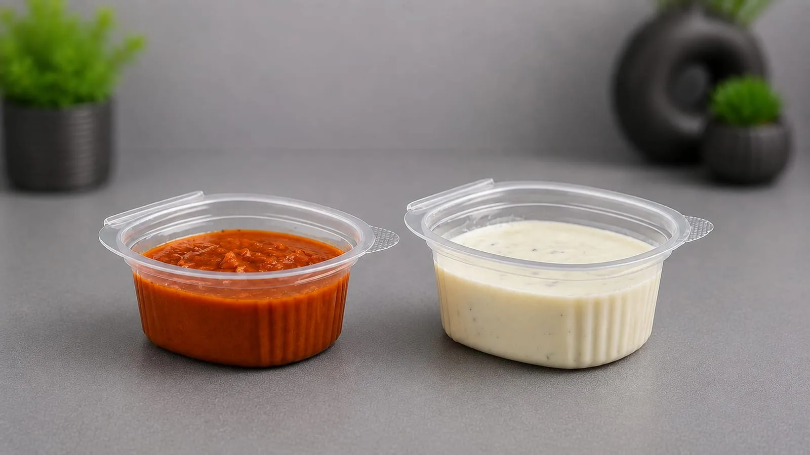 PET Oval Sauce Container, codes 1408 and 1409, holding salsa and a white dip