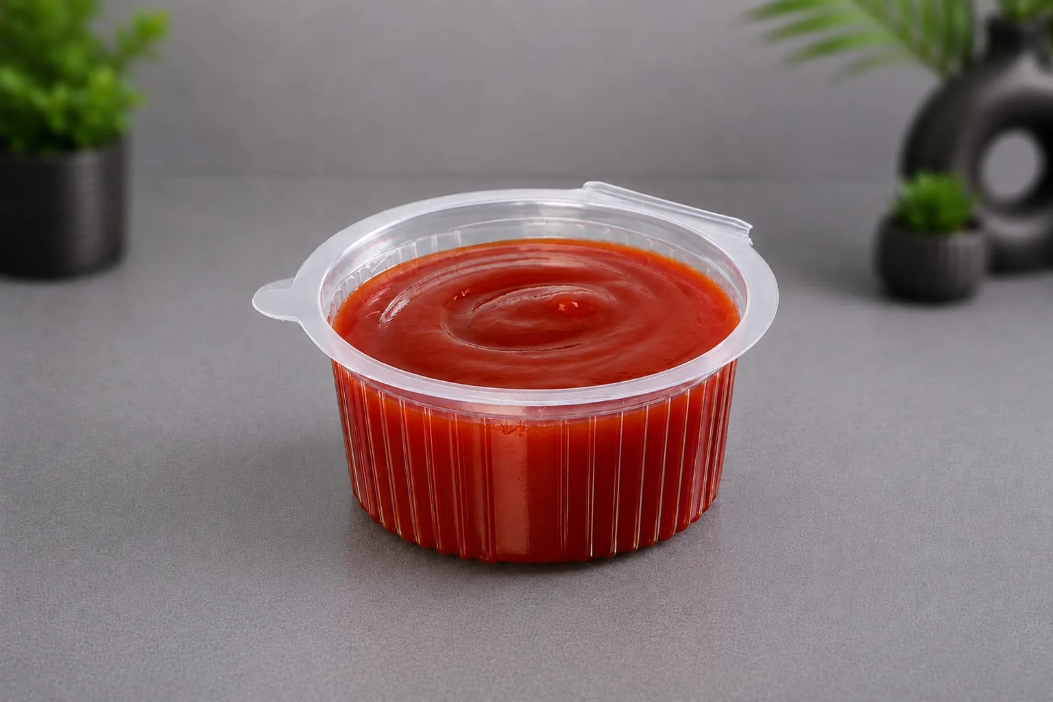 PET Round Hinged Box, code 1410, holding tomato sauce