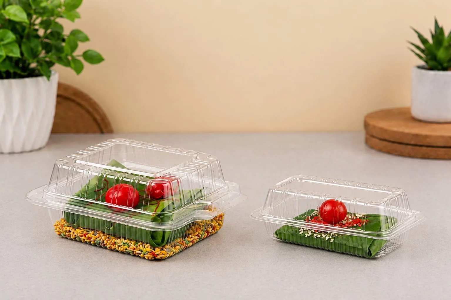 PET Hinged Box, codes 1411 and 1412, holding small cakes topped with cherries