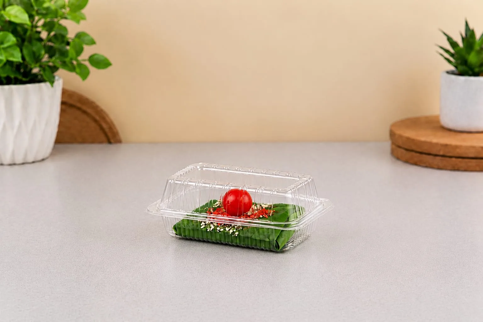 PET Hinged Box, code 1411, holding a small cake topped with a cherry