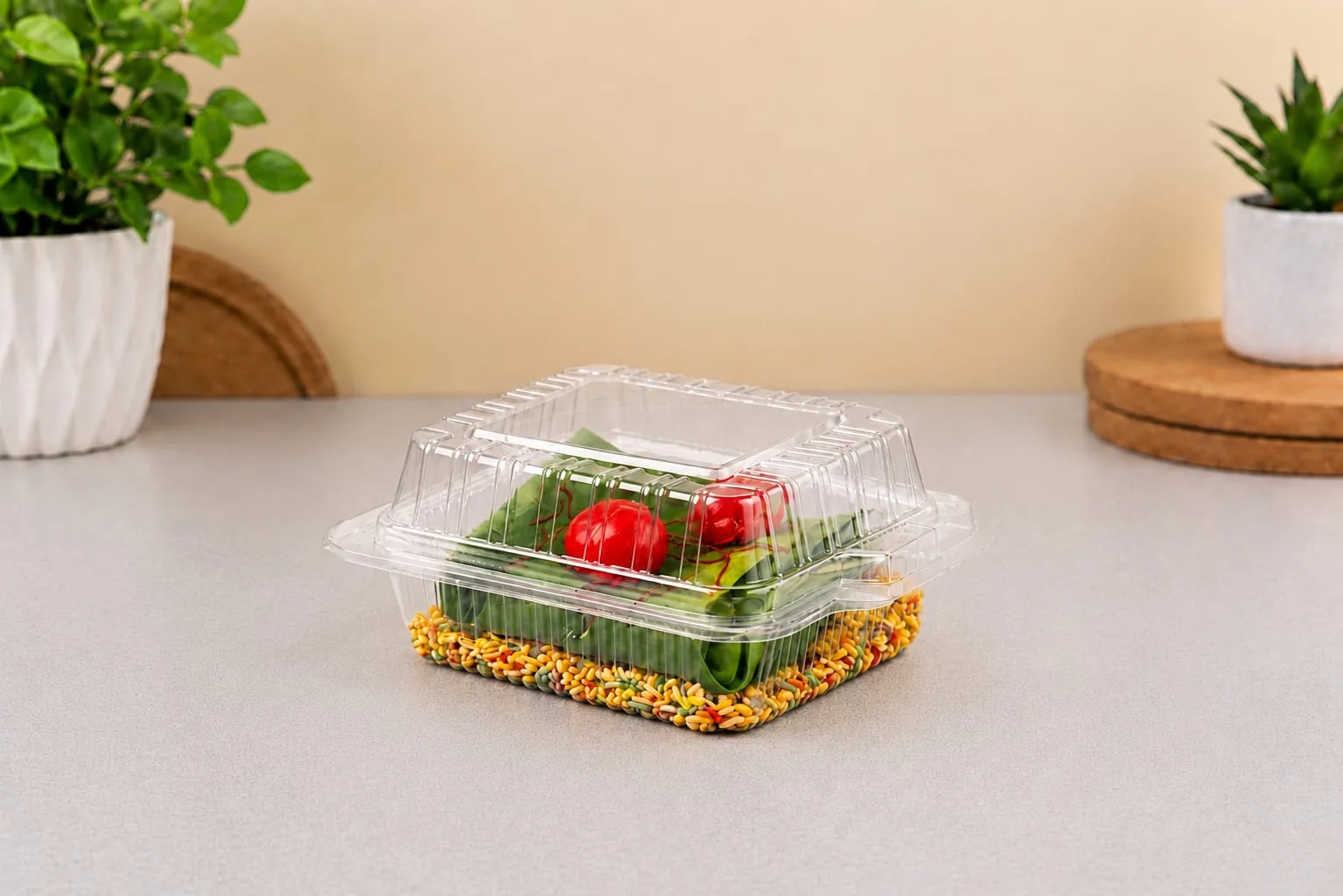 PET Hinged Box, code 1412, holding a small cake topped with cherries