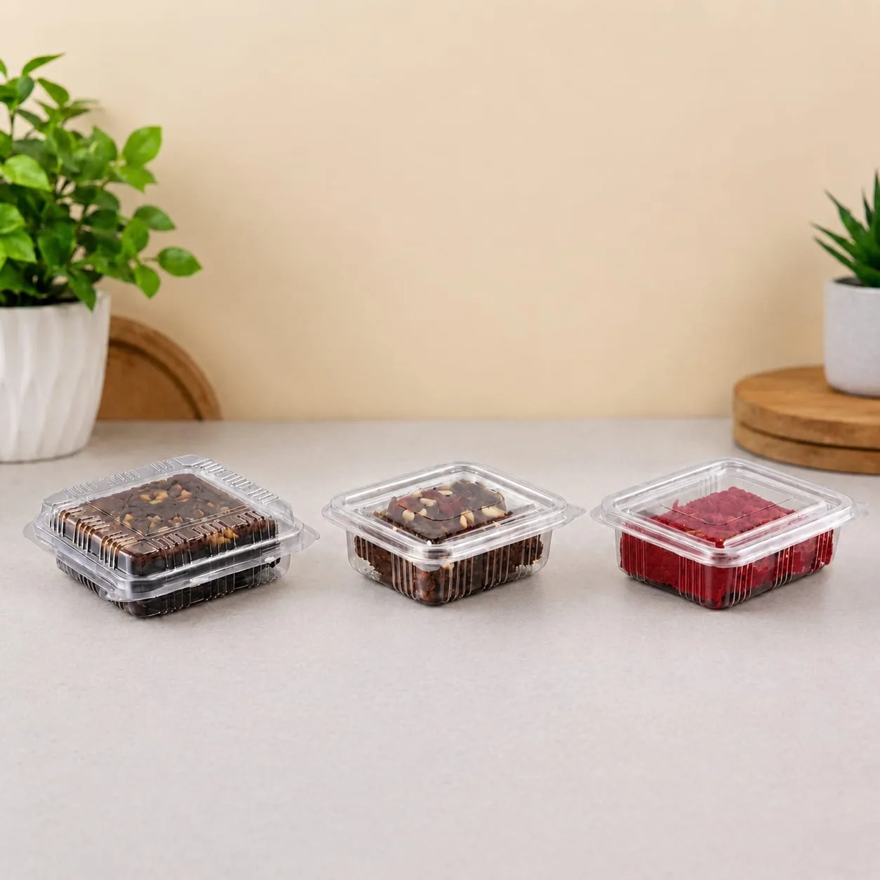 PET Hinged Box and Brownie Hinged Box, codes 1413, 1415 and 1420, holding brownies and jelly