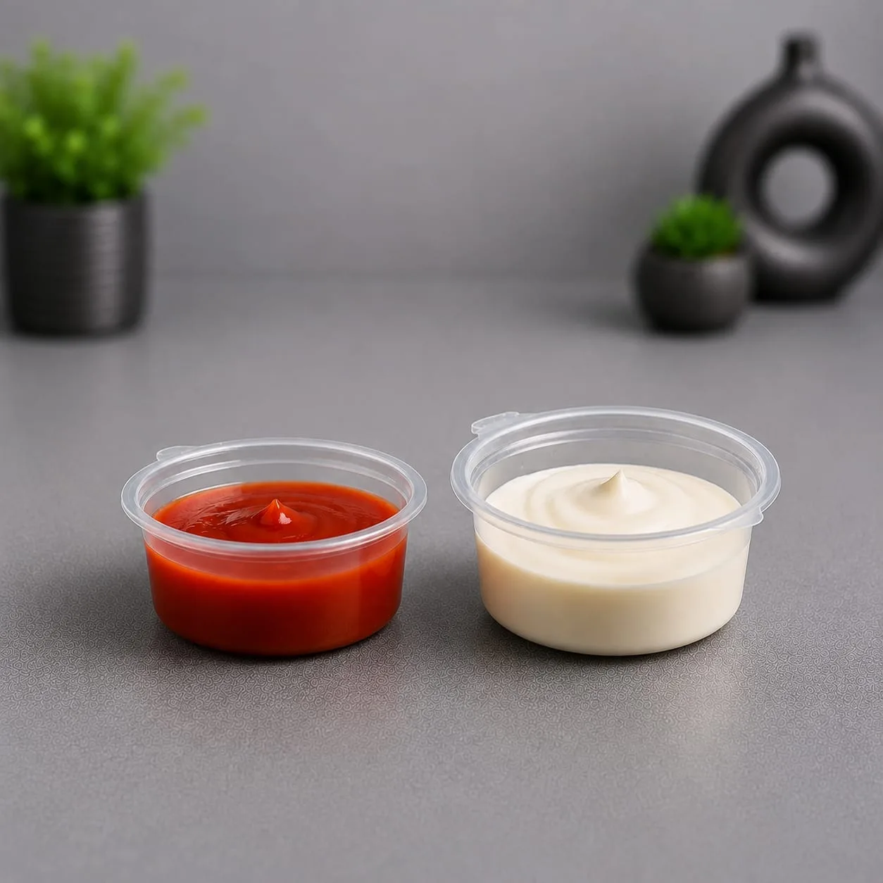 PET Round Hinged Box, codes 1416 and 1417, holding ketchup and mayonnaise