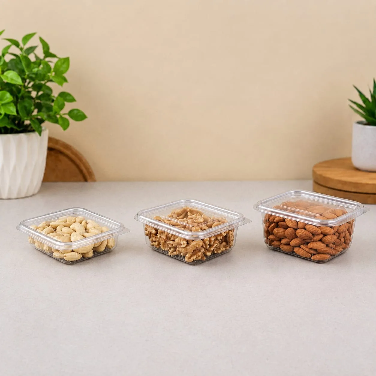 PET Hinged Box, codes 1421, 1422 and 1423, holding cashews, walnuts and almonds
