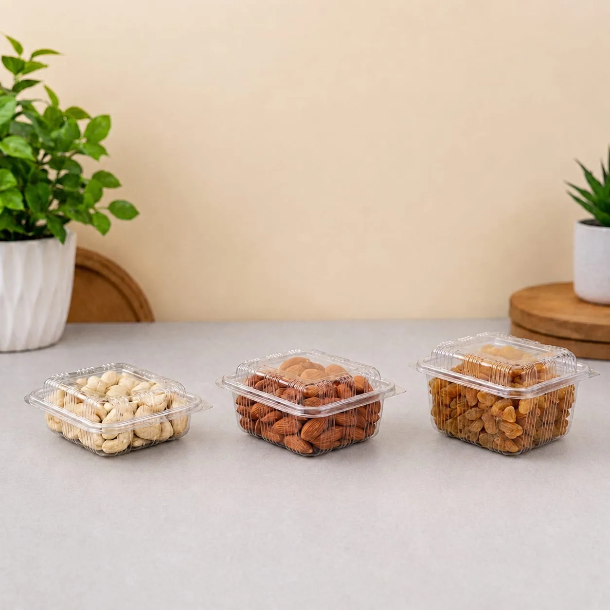 PET Hinged Box with High Lid, codes 1421A, 1422A and 1423A, holding cashews, almonds and namkeen