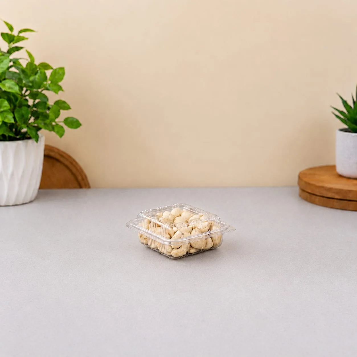PET Hinged Box with High Lid, code 1421A, holding cashews
