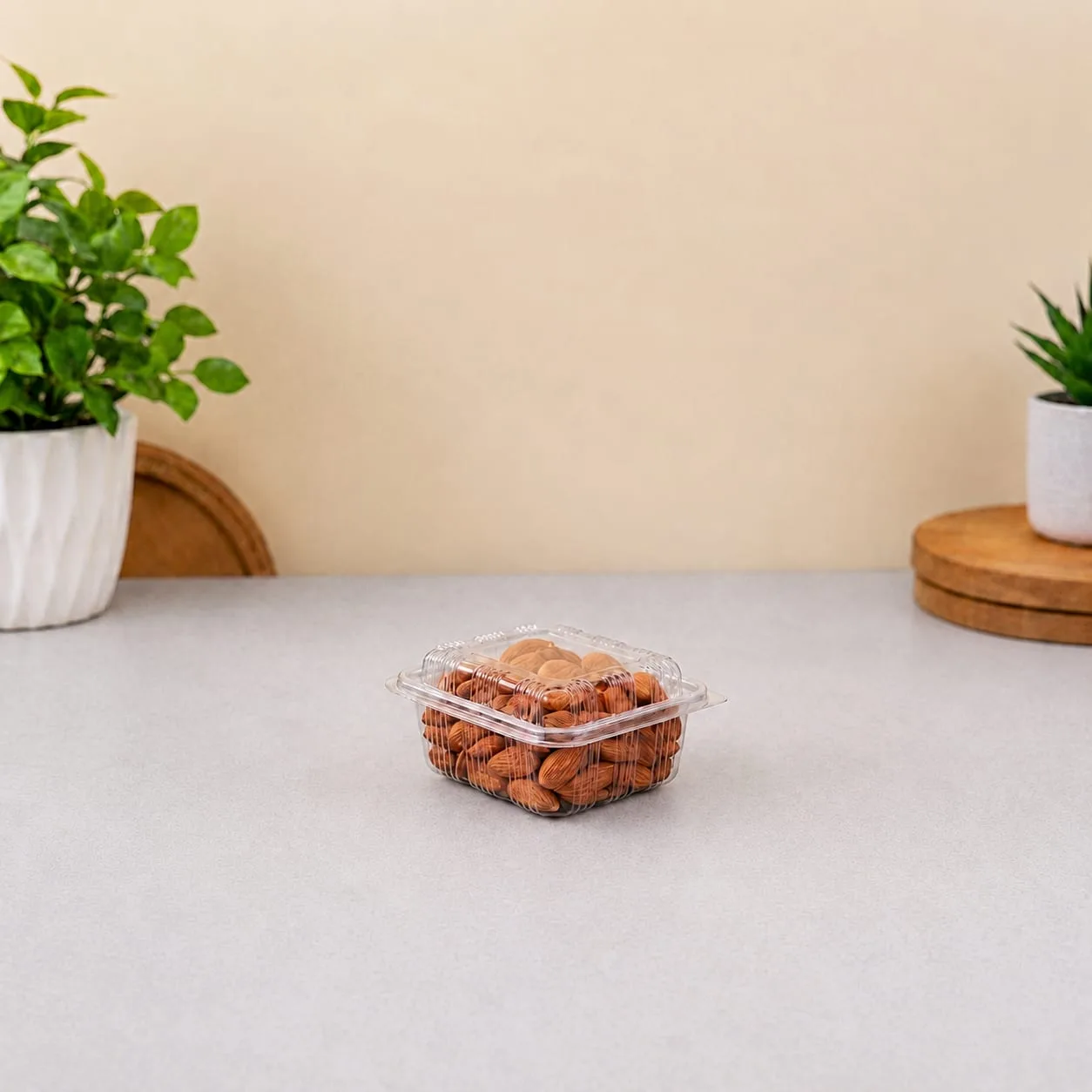 PET Hinged Box with High Lid, code 1422A, holding almonds