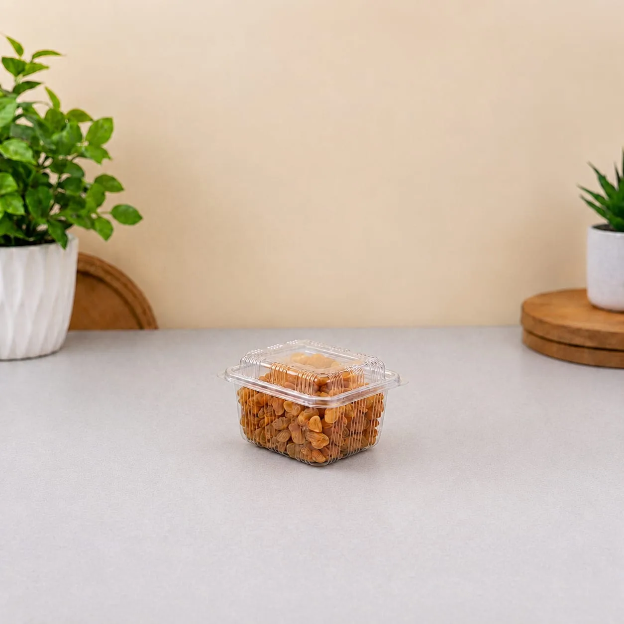 PET Hinged Box with High Lid, code 1423A, holding namkeen