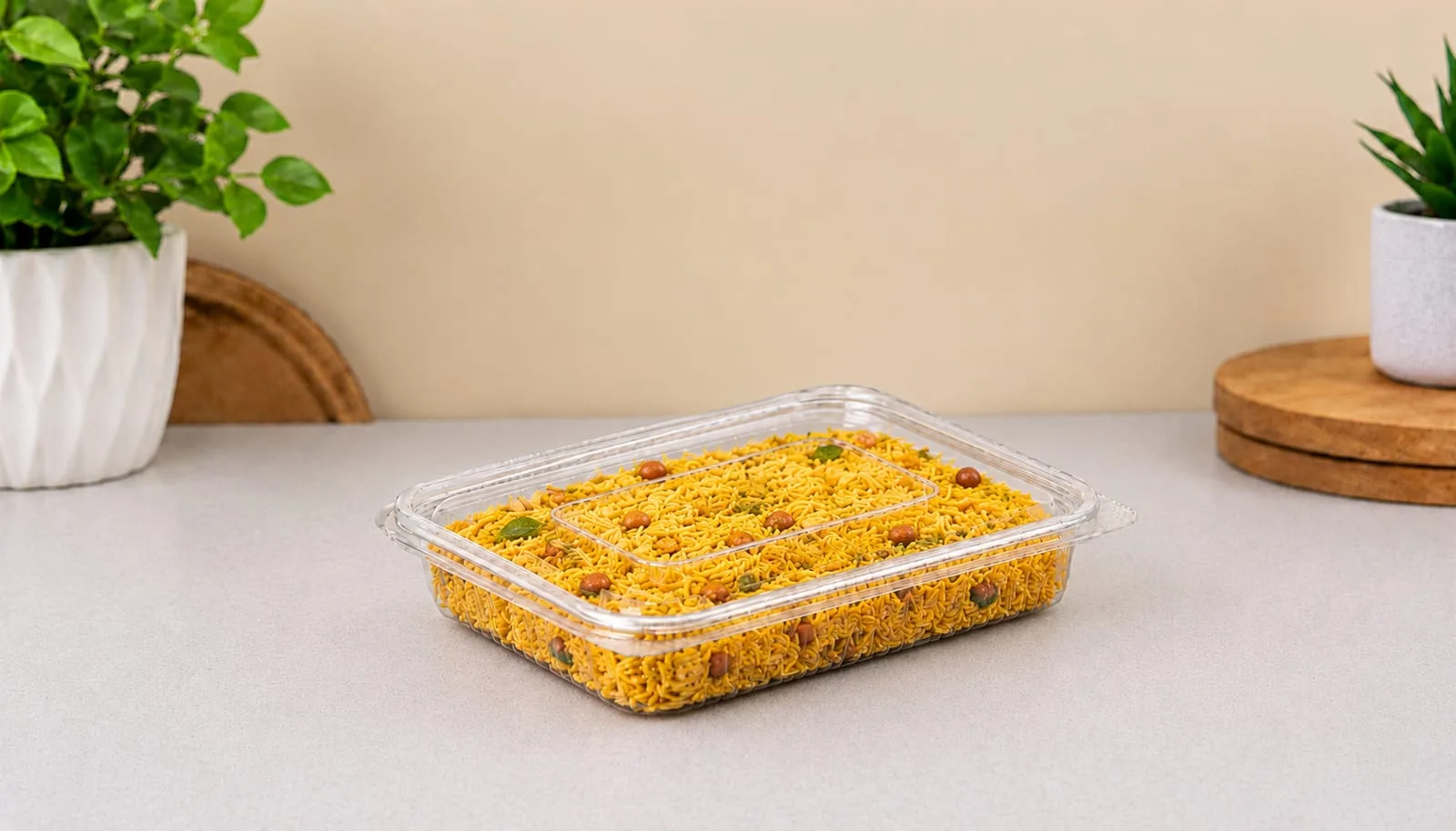 PET Flat Hinged Box, code 1424, holding namkeen
