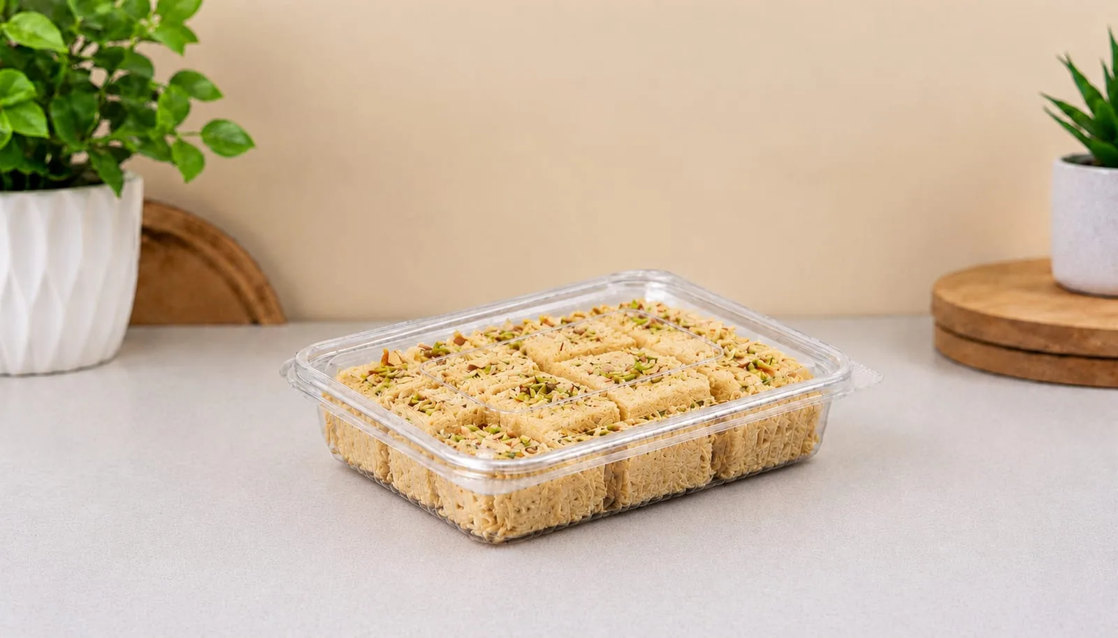 PET Flat Hinged Box, code 1425, holding barfi