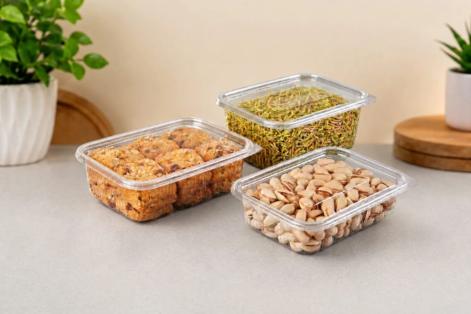 PET Hinged Box, codes 1427, 1428 and 1429, holding sweets, namkeen and pistachios