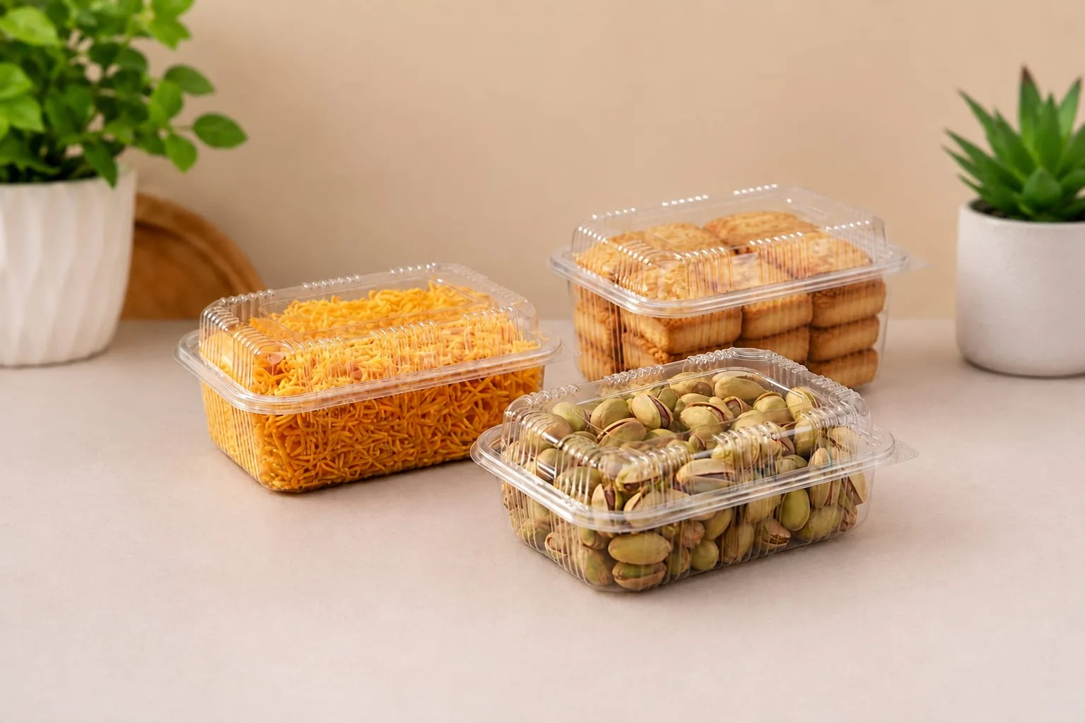 PET Hinged Box with High Lid, codes 1427A, 1428A and 1429A, holding sev, khari and pistachios