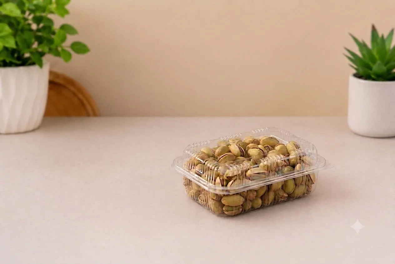 PET Hinged Box with High Lid, code 1427A, holding pistachios