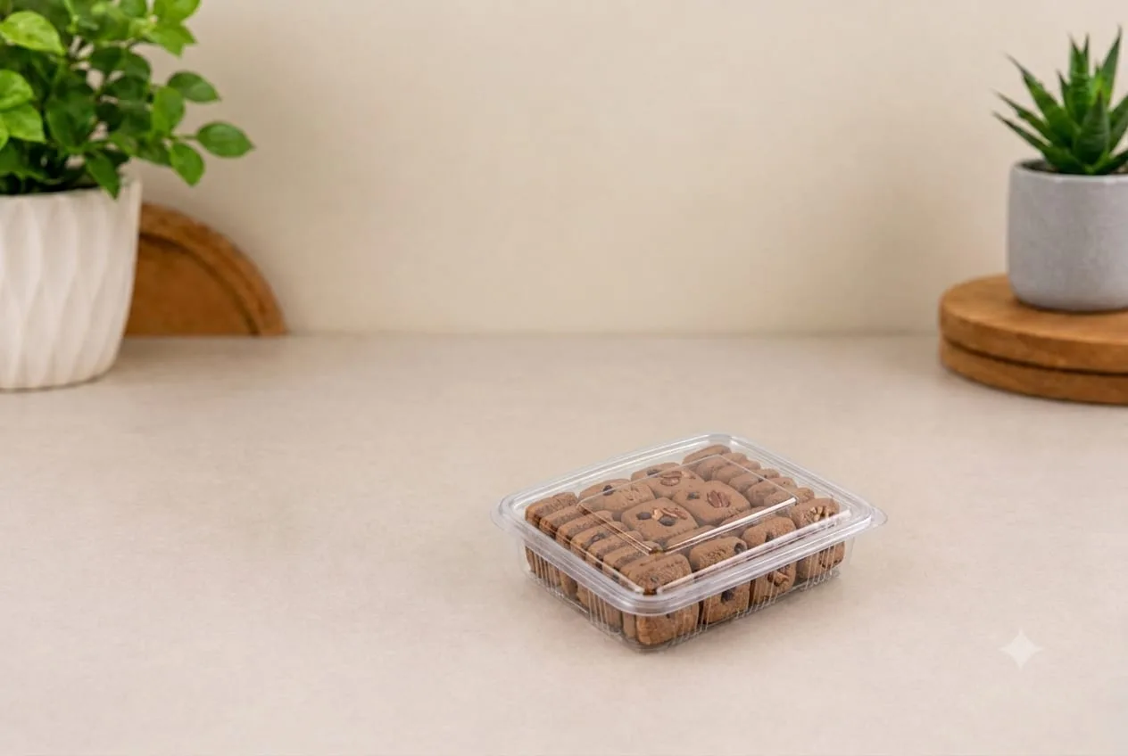 PET Flat Hinged Box, code 1430, holding biscuits