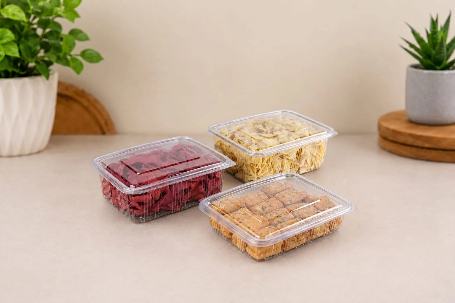 PET Hinged Box and Flat Hinged Box, codes 1430, 1431, 1432, 1434 and 1435, holding sweets, papad and khari