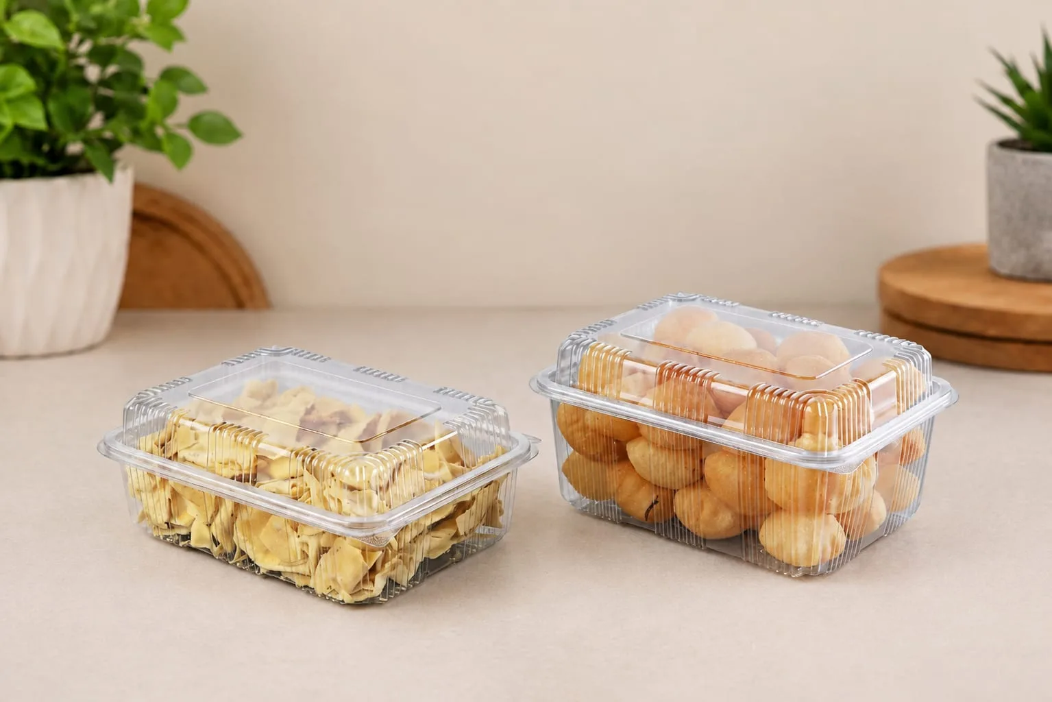 PET Hinged Box with High Lid, codes 1431A, 1432A, 1434A and 1435A, holding papad and laddoos