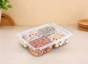 PET 4 Compartment Dry Fruit Hinged Box, codes 1436 and 1437, holding assorted dry fruits