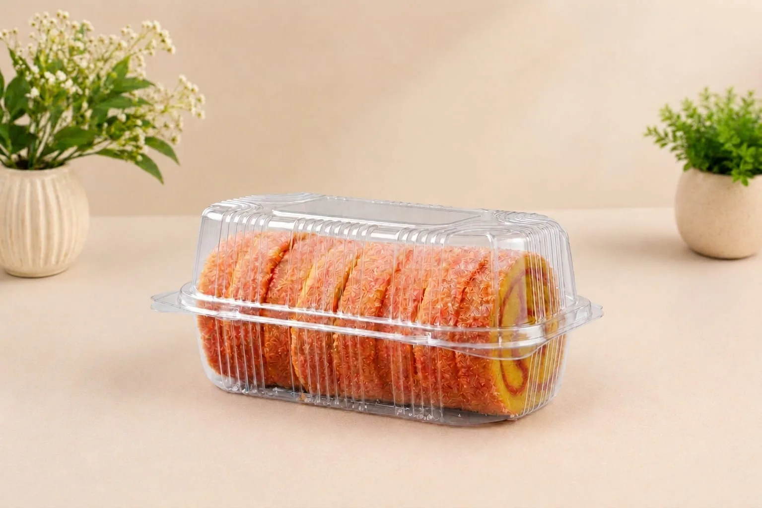 PET Hinged Box, code 1438, holding a sliced swiss roll