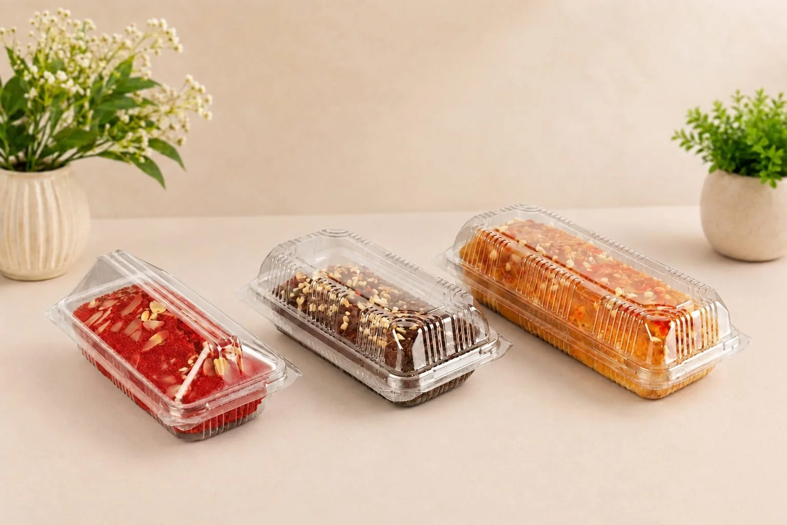 PET Cake Hinged Box, codes 1440, 1441, 1442 and 1443, holding three bar cakes