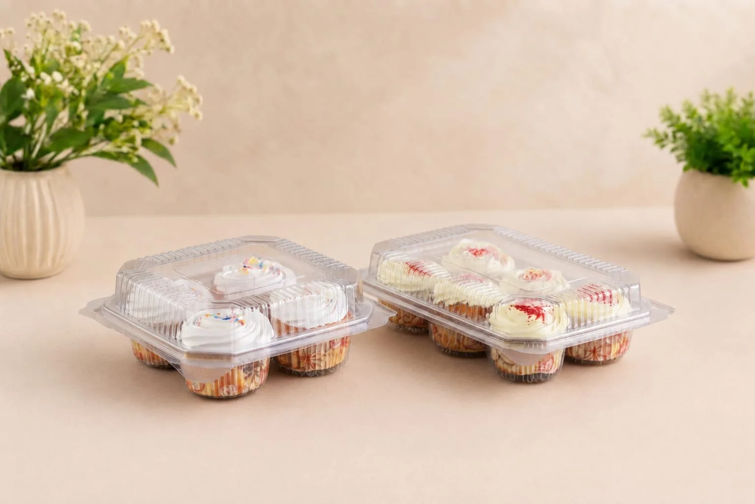 PET Muffin Box for 6 Cupcakes and Muffin Box for 4 Cupcakes, codes 1445 and 1446, holding cupcakes