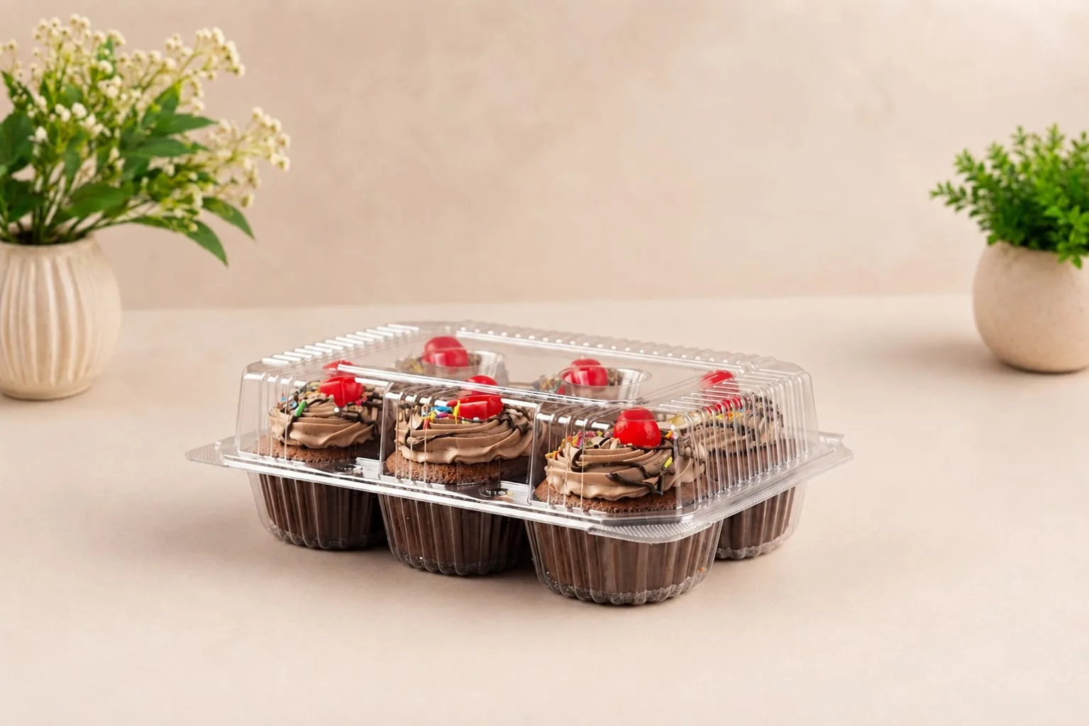 PET Square Hinged Box for 6 Cupcakes, code 1447, holding six chocolate cupcakes