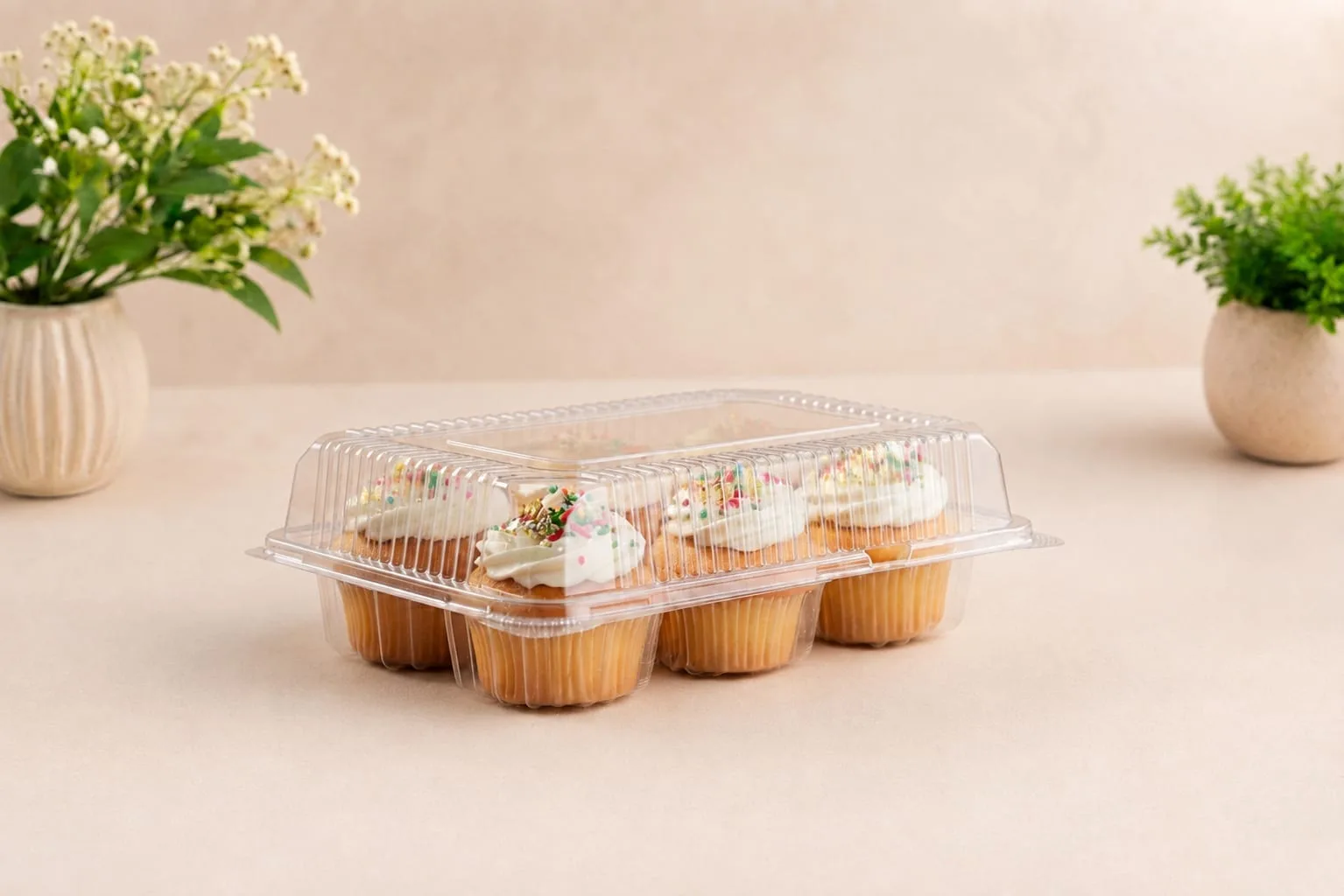 PET Hinged Box for 6 Cupcakes, code 1449, holding six cupcakes