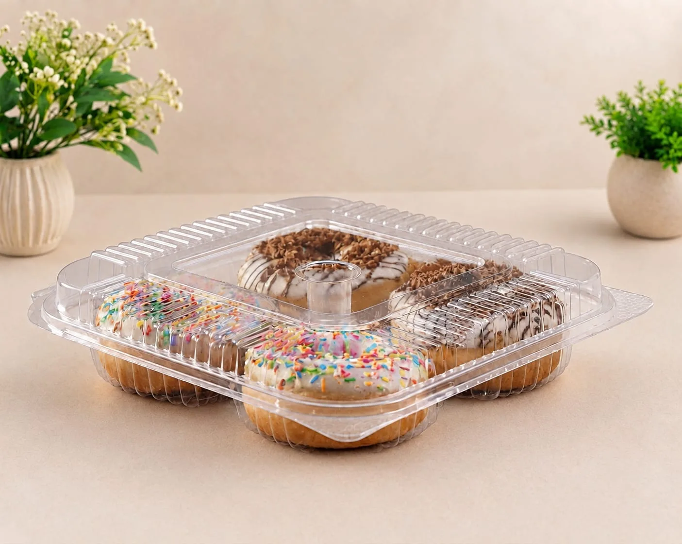PET Donut Box, code 1450, holding four doughnuts