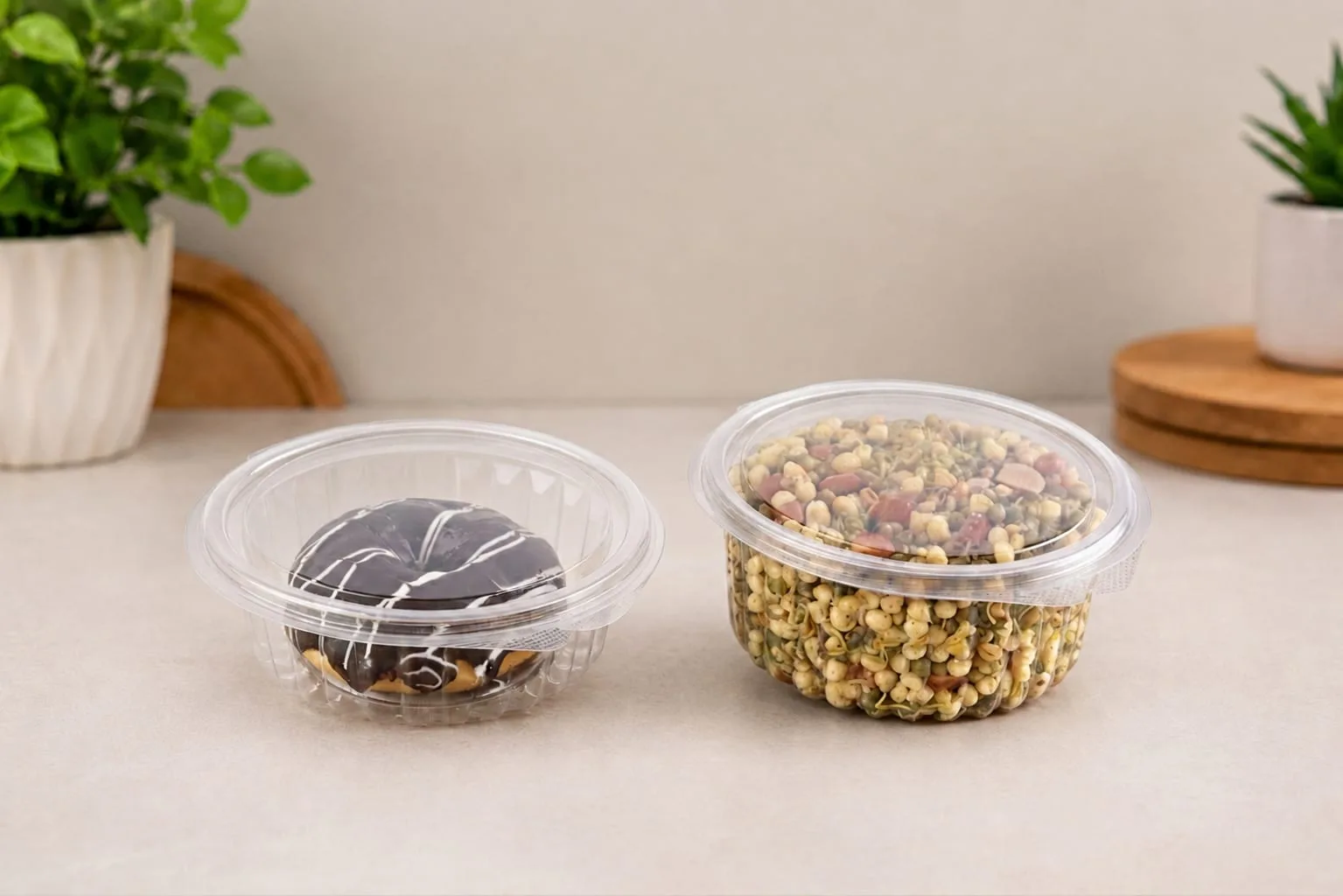 PET Round Hinged Box with Flat Lid, codes 1451 and 1452, holding a brownie and nuts