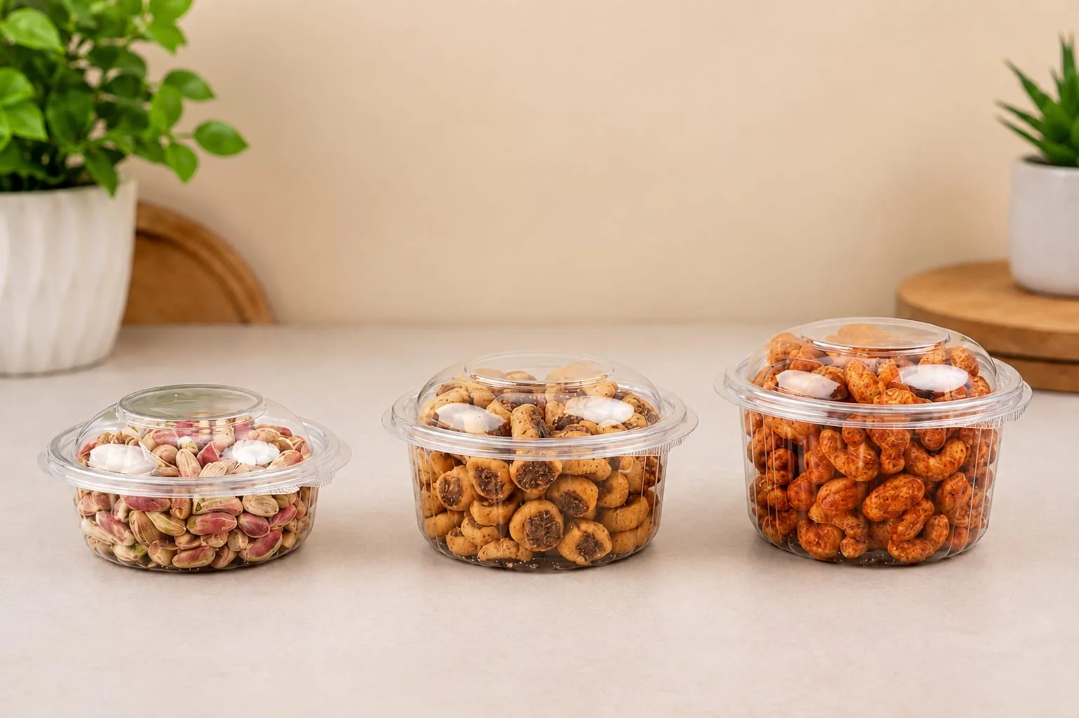 PET Round Hinged Box with Dome Lid, codes 1451A, 1452A and 1453A, holding nuts and namkeen