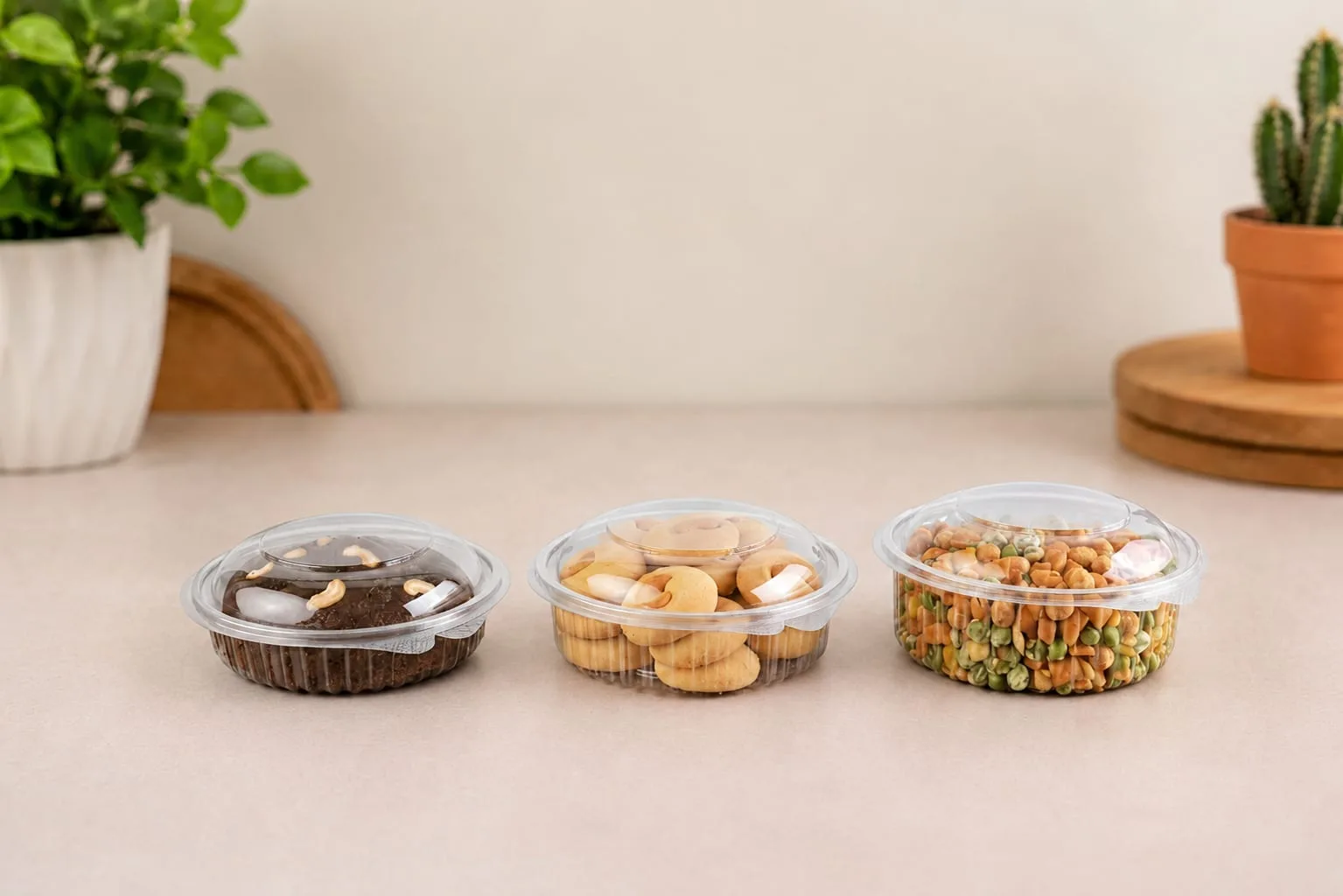 PET Round Hinged Box with Dome Lid, codes 1454A, 1455A and 1456A, holding a brownie, cookies and namkeen