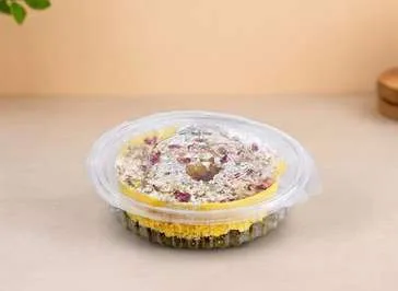 PET Round Hinged Box with Flat Lid, code 1457, holding a ghevar