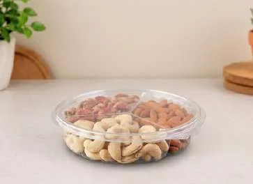 PET 3 Compartment Round Hinged Box, code 1459, holding assorted dry fruits