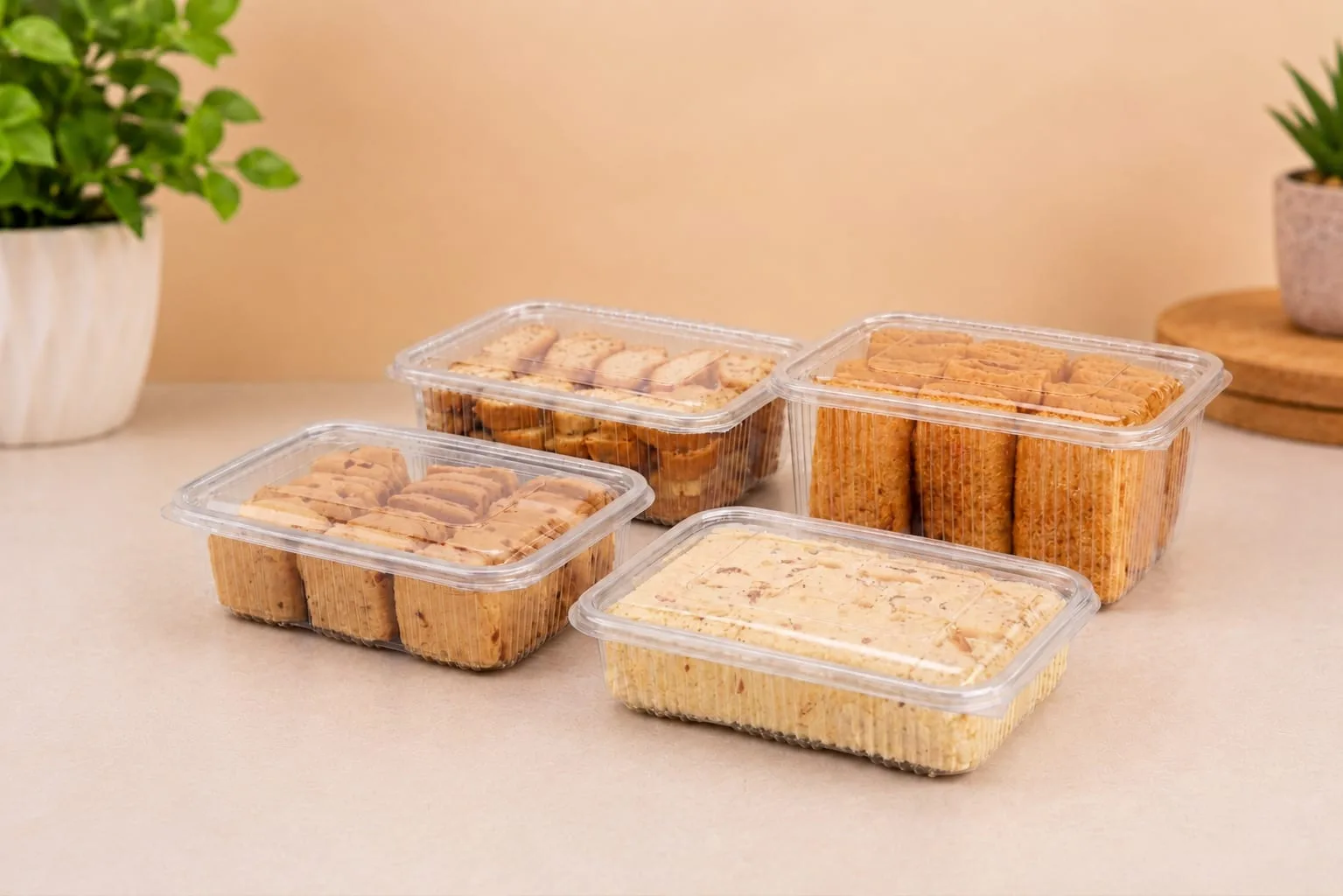 PET Hinged Box, codes 1481, 1482, 1483 and 1485, holding biscuits, khari and sweets