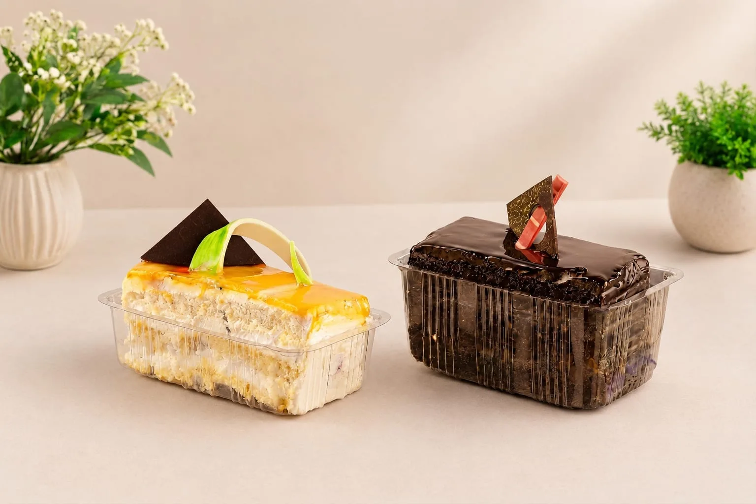 PET Pastry Container, codes 1541 and 1542, holding a fruit pastry and a chocolate pastry