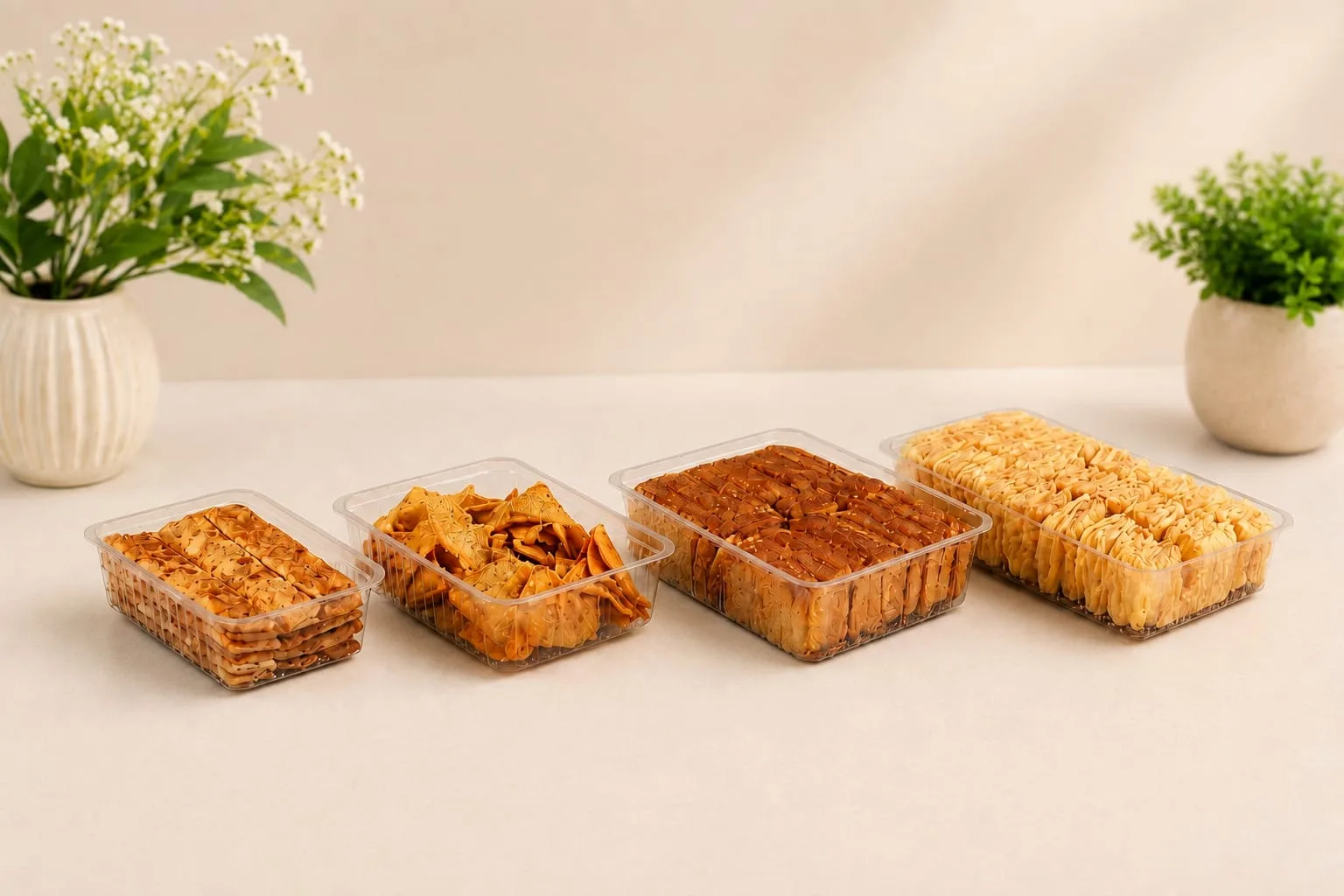 PET Rectangular Container and Khari Container, codes 1571, 1572 and 1575, holding khari and biscuits